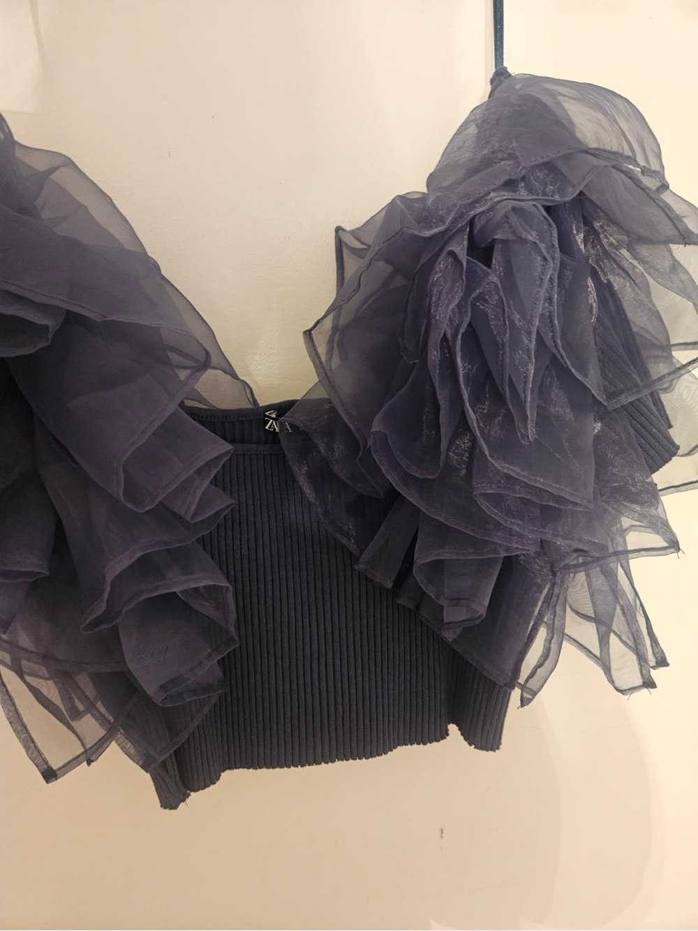 Zara Navy Ruffle Sleeve Crop Top